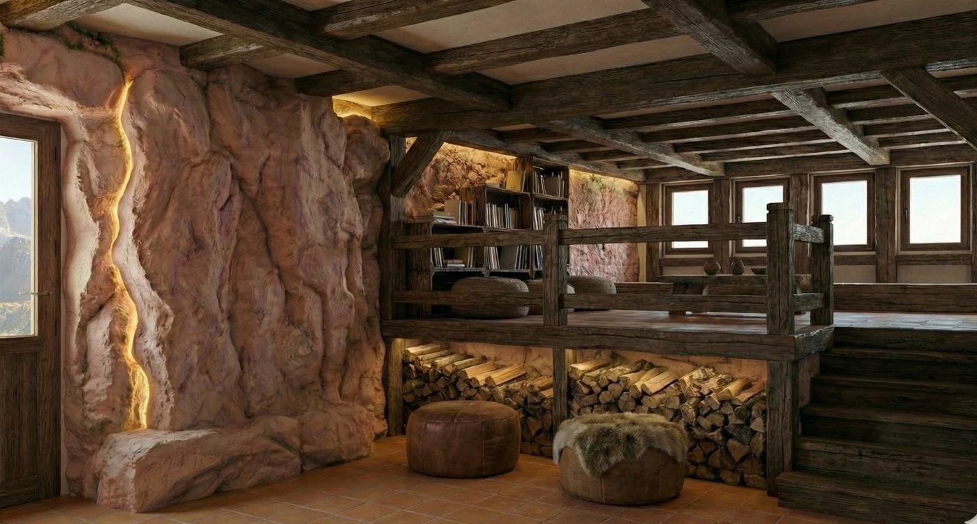 Altillo de madera con estantería, pufs de cuero y leña almacenada