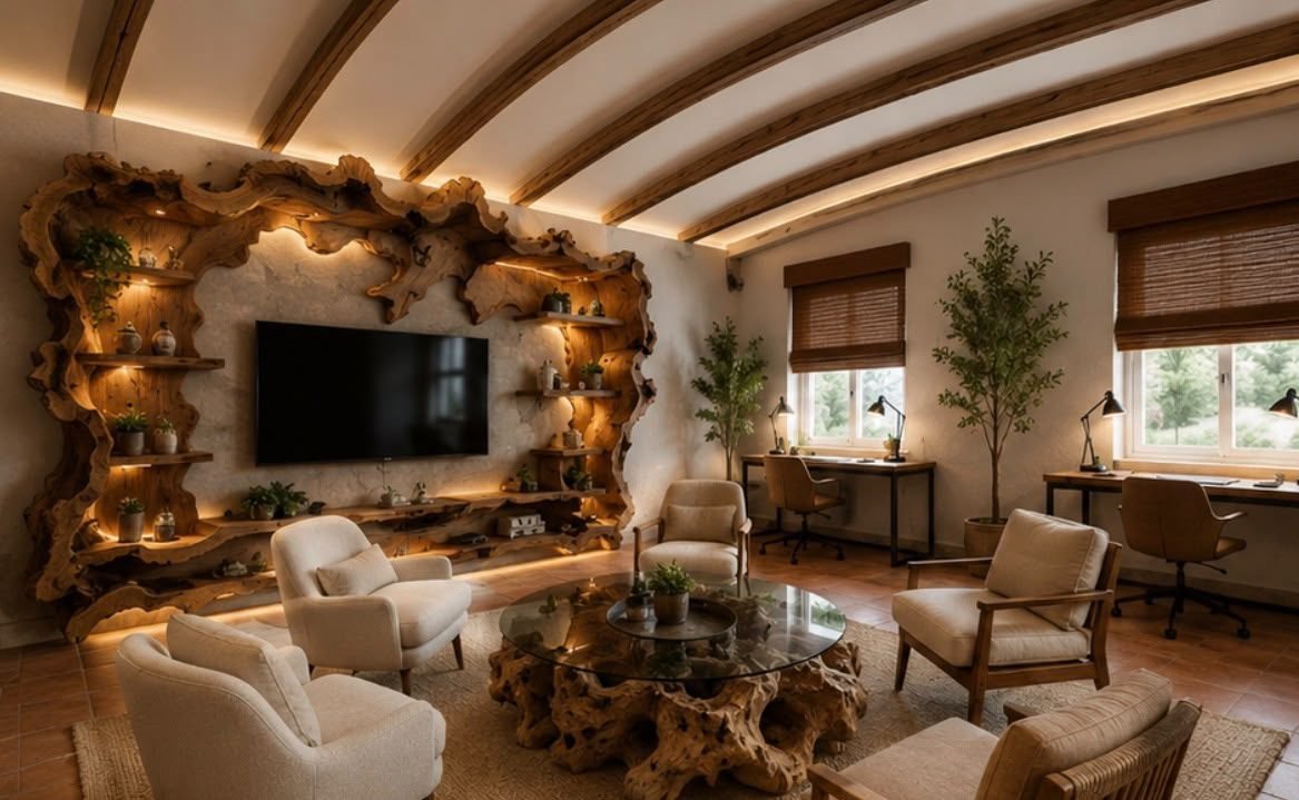 Sala con butacas, escritorios junto a las ventanas y estantería de madera