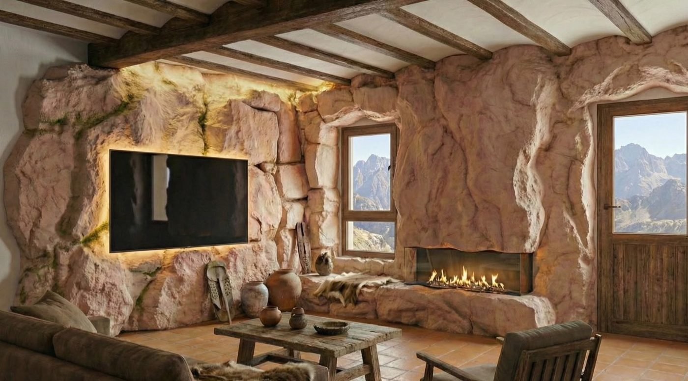 Salón con paredes de roca, chimenea de gas y vistas a la montaña